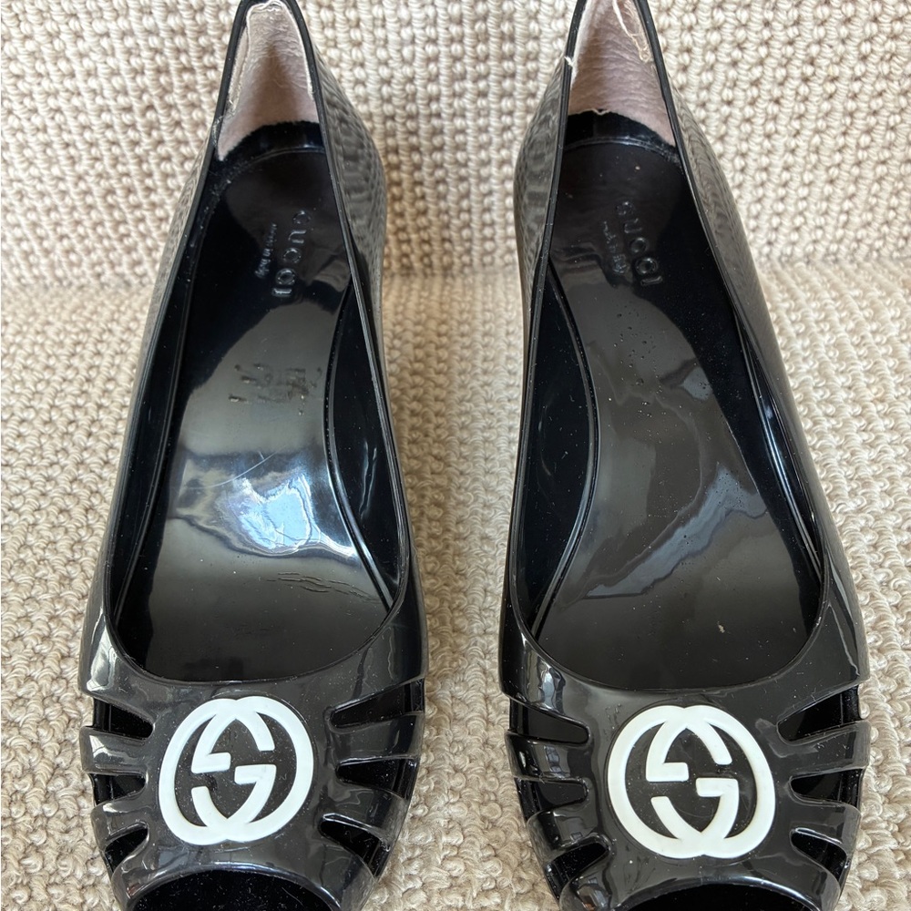 Gucci Marola Black Jelly Peep-Toe Wedge Heels - Picture 2 of 5